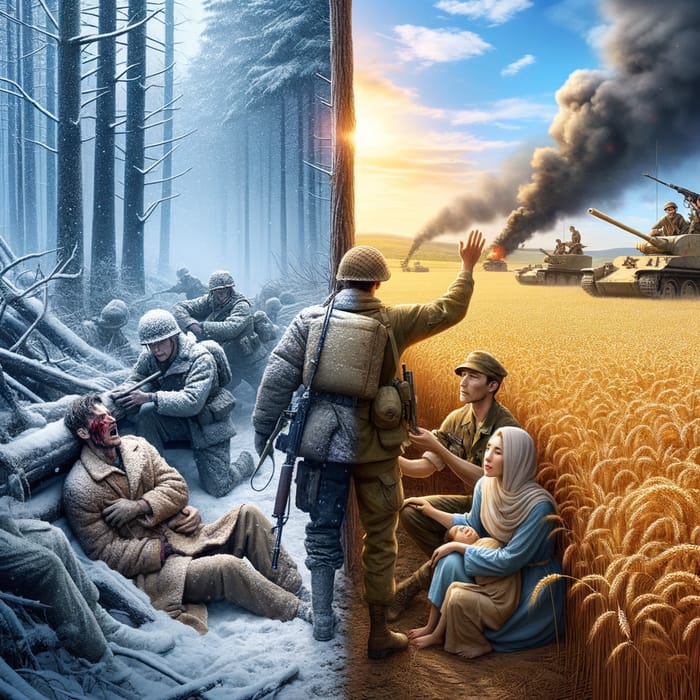 Contrasts of War: NATO Soldiers in Trench vs Peaceful Scene