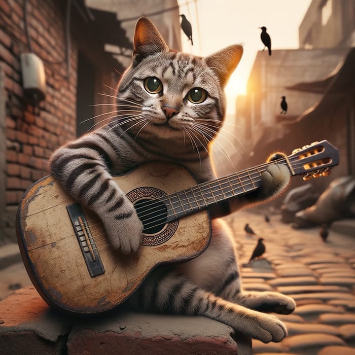 Funny Street Cat Playing Guitar in Sunset Alley