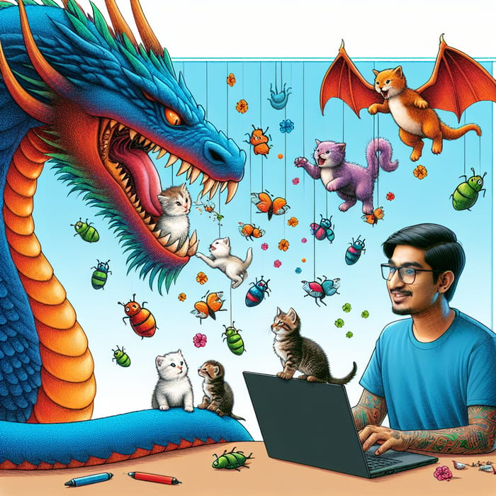 Programmer Feeding Dragon with Kittens and Bugs