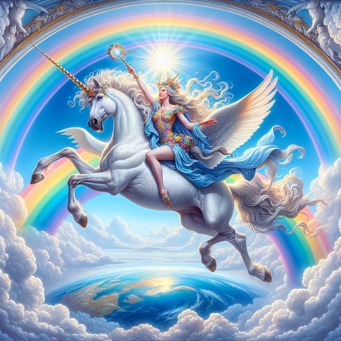 Iris Goddess of Rainbows on Unicorn - Majestic Rainbow Flight