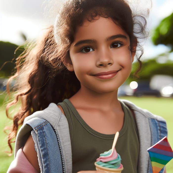 Joyful Latina Girl with Ice Cream Cone in Park