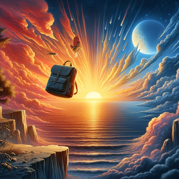 School Bag Falling into Sea: Beautiful Sunset and Moonrise