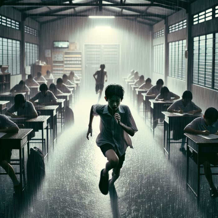 Eerie Rainy Classroom Scene With Mysterious Boy