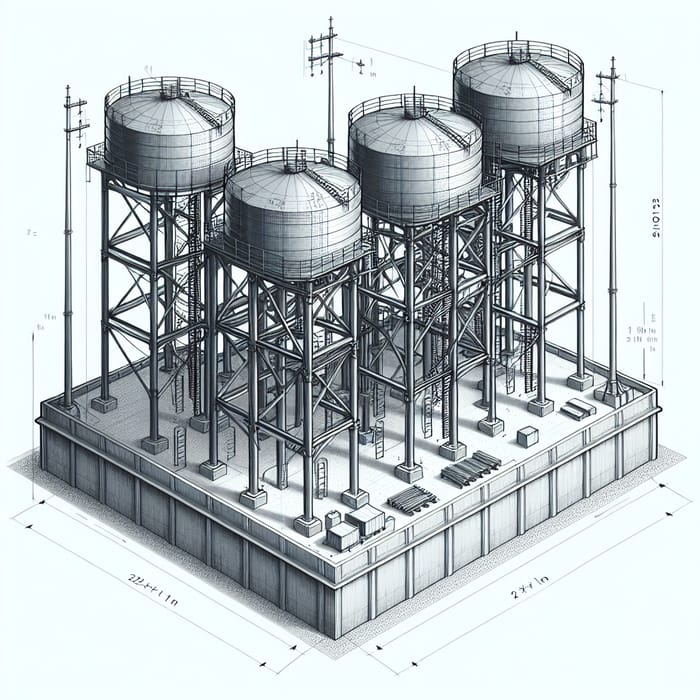 Steel Structure Design for Supporting Three Water Tanks | Top & Side Views