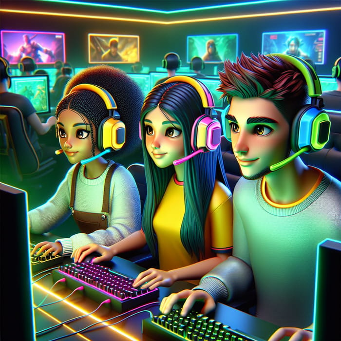 3D Cartoon: 2 Girls, 1 Guy Gamer Engrossed in Gaming