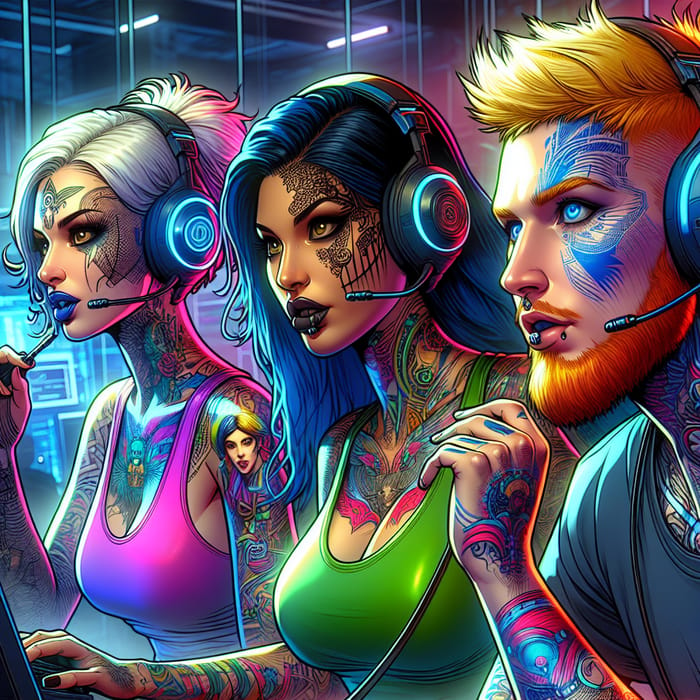 Vibrant Cyberpunk Gamers in Neon Environments