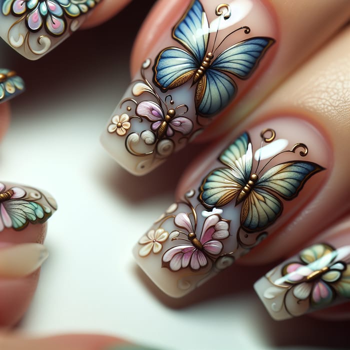 Intricate Butterfly Nail Art Designs in Soft Pastel Hues