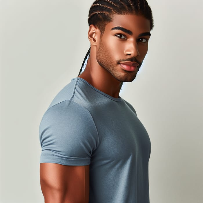 Handsome Light Brown African American Black Man with Braids in Blue T-shirt & Jeans