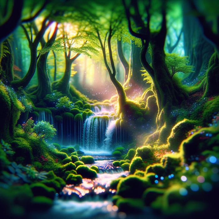 Captivating Mystical Forest with Hidden Waterfall Fantasy Scene