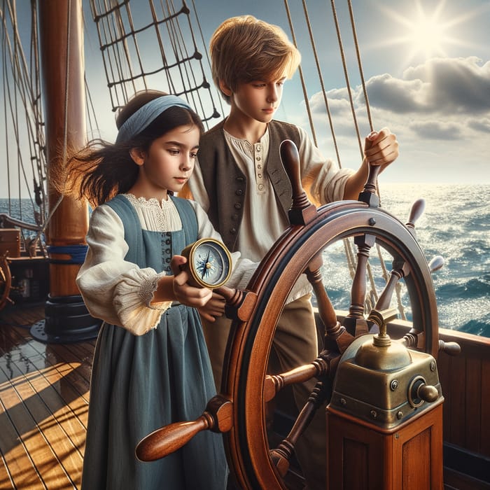 Adventure of Young Sailor Boy and Girl on Vast Ocean | Ship and Compass