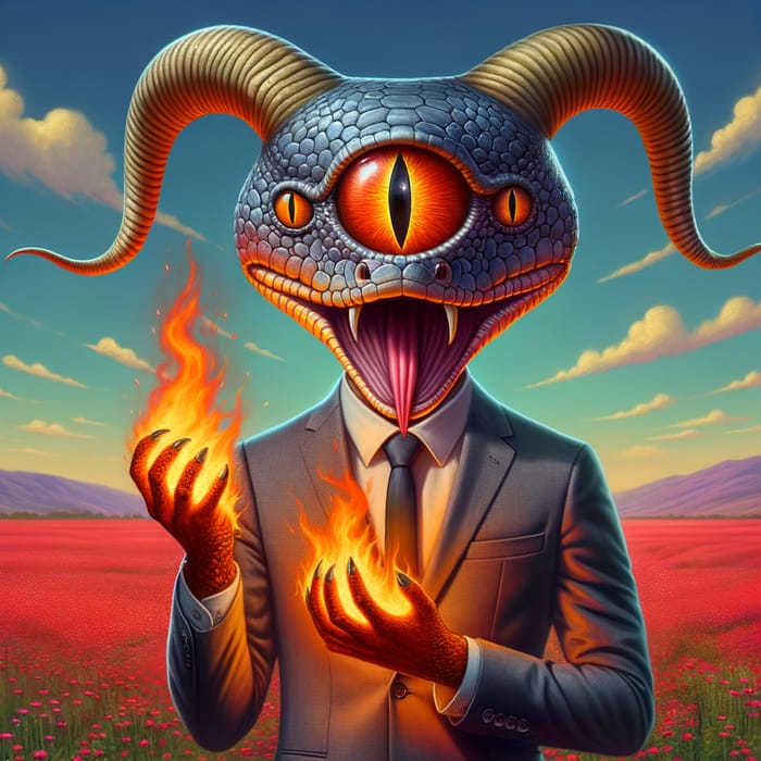 One-Eyed Snake in Business Suit with Flaming Hands on Red Floral Background