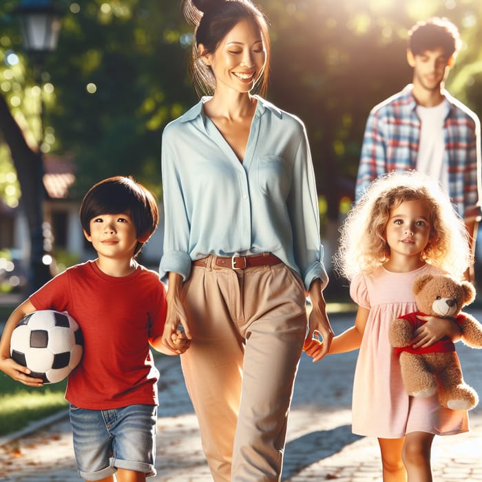 Lively Family Park Stroll: Mom, 9-Yr-Old Son & 2-Yr-Old Daughter