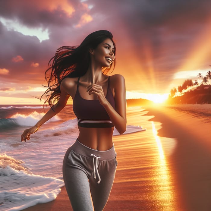 Captivating Woman Running on Beach at Sunset