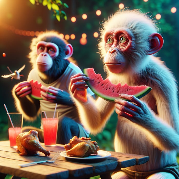 Hyperrealistic Humanoid Monkey Devouring Watermelon and Chicken