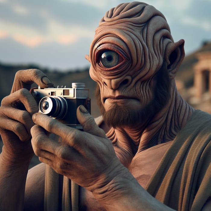 Cyclops with Vintage Camera in Ancient Greek Scene