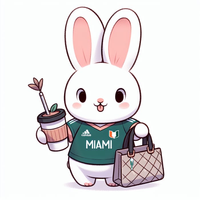 Cute Cartoon Rabbit in Miami Jersey with Mate Tea Cup and LV Bag