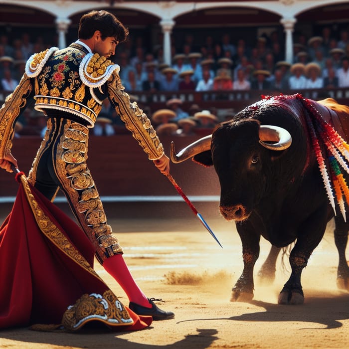 Spanish Bullfighting: Bullfighter Facing Stabbing Bull Spanish Bullfighting: Bullfighter Facing Stabbing Bull