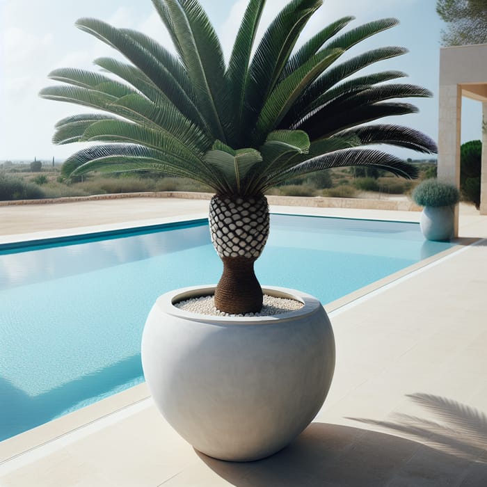 Large White Cement Pot with Palm Tree by Pool