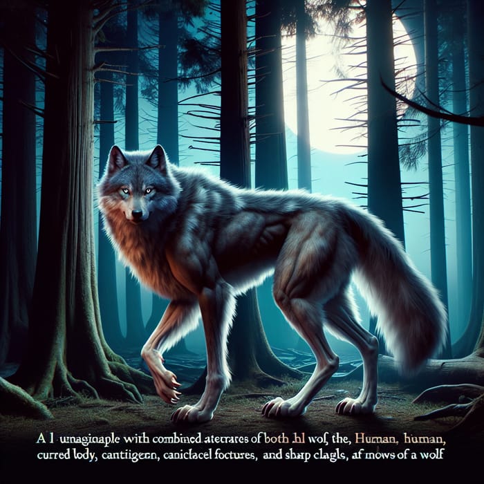 Wolf-Human Hybrid in Moonlit Woods Scene