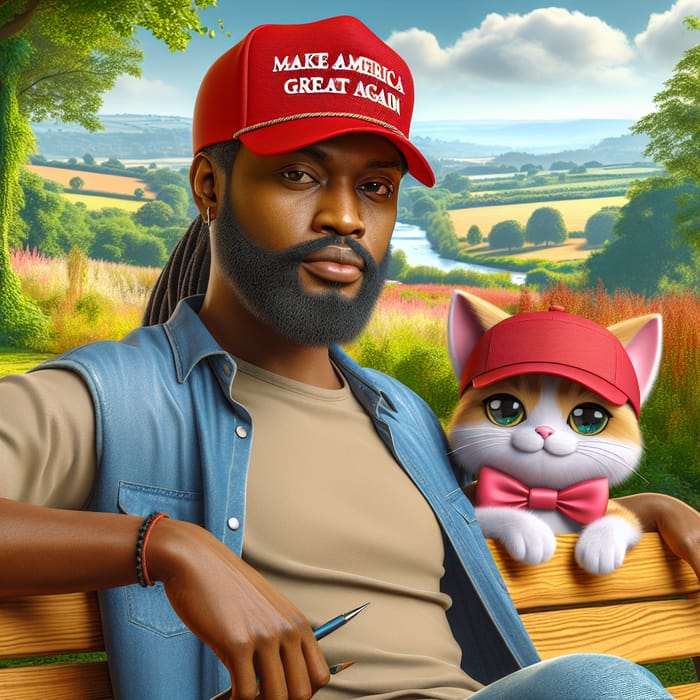 African American Artist with 'Make America Great Again' Hat in Park Scene with Hello Kitty