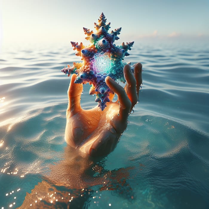 Realistic Hand Rising from Serene Water with Colorful Fractal Object