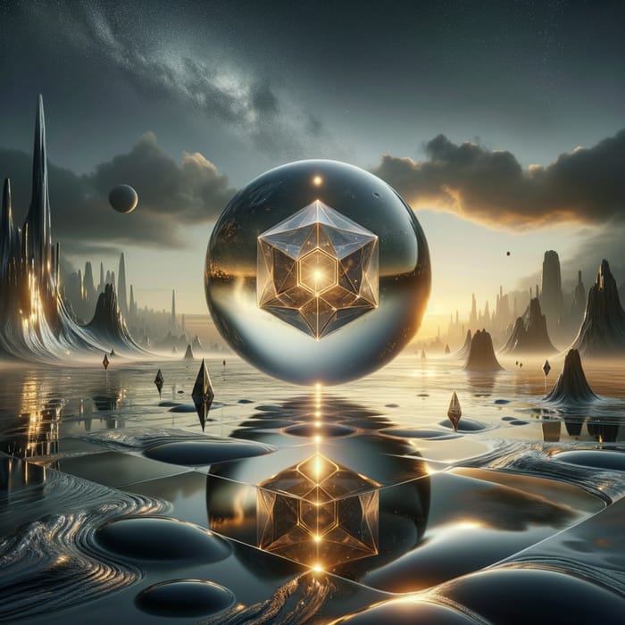 Alien Landscape Reflection: Mesmerizing Metallic Structure and Geometric Glow