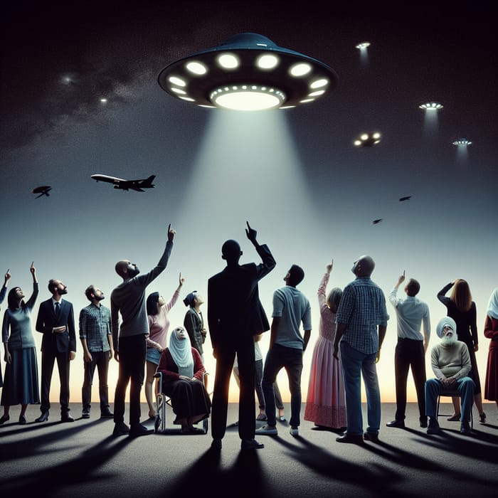 Diverse Silhouettes Gazing at UFO | Cosmic Encounter