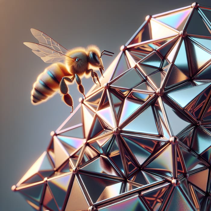 Realistic Bee Landing on Metallic Geometric Object Art