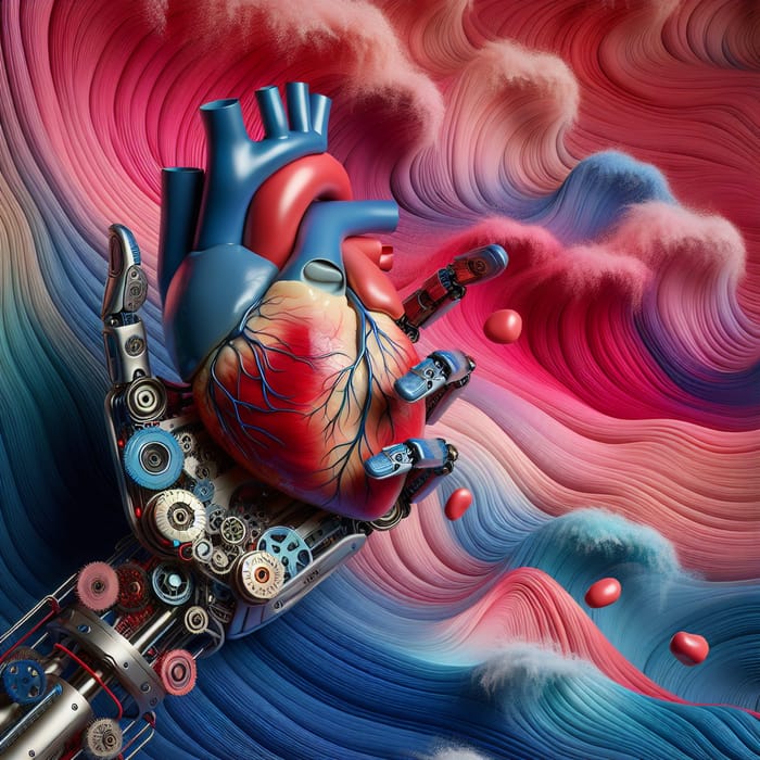 Mechanical Hand Holding Human Heart | Colorful Waves Background