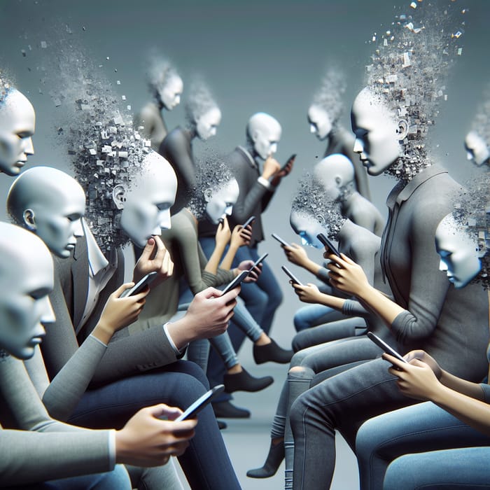 Dreamlike Scene of Faceless Beings Amid Digital Distraction