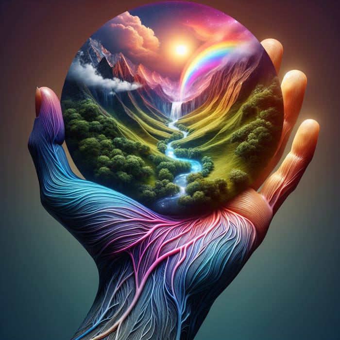 Hand Holding Dream Landscape Product: Surreal Visual Capture