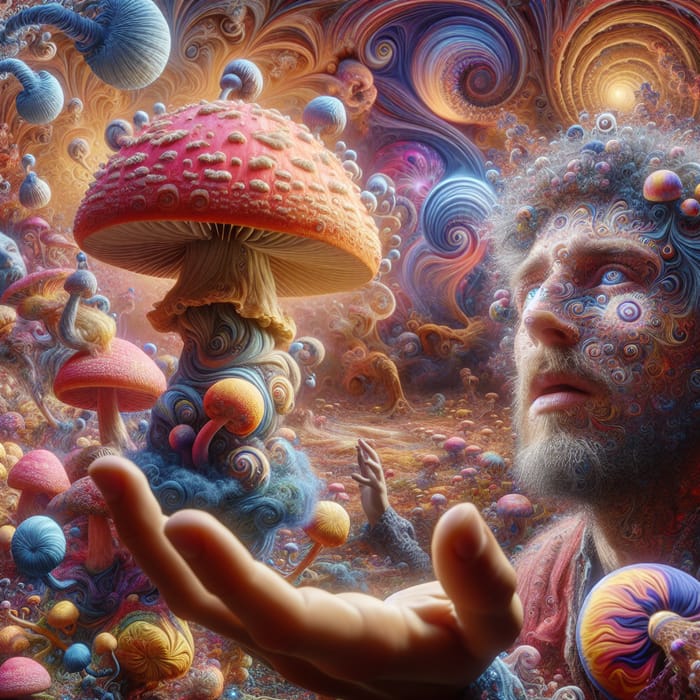 Man Communicating Telepathically with Psilocybin Mushroom in Intertwined Real and Psychedelic Landscape