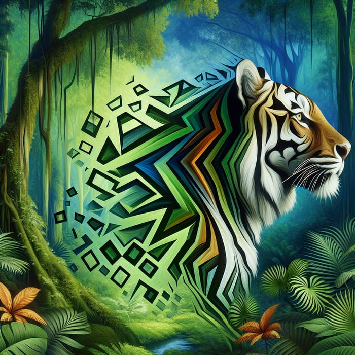 Tiger Morphing Into Geometric Shape in Lush Jungle