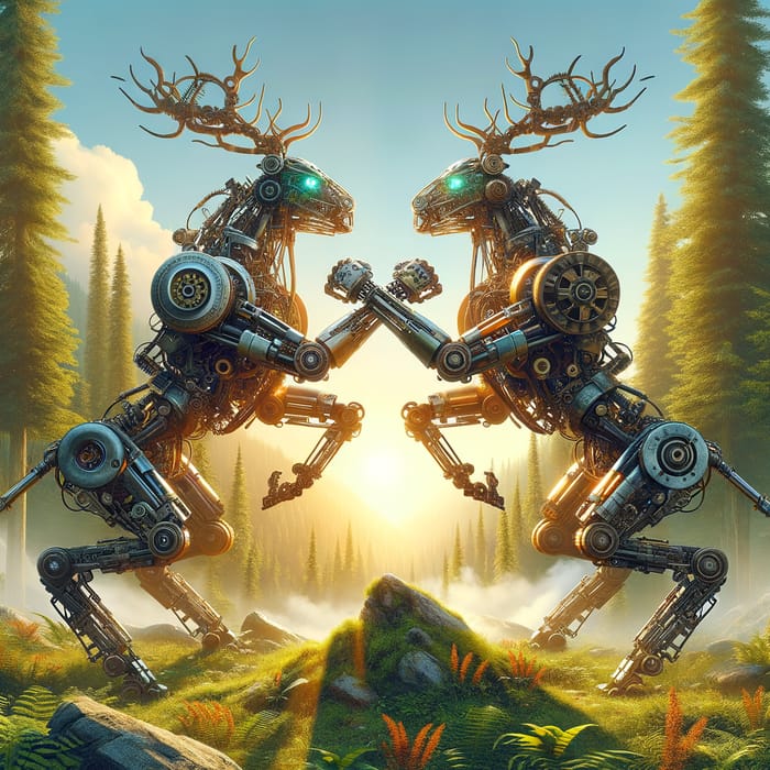 Mechanical Deer Battle in Intricate Gear Stance