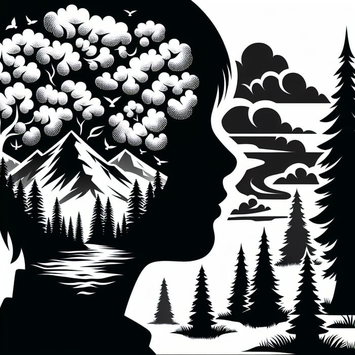 Black and White Stencil Art: Boy's Face Nature Scene