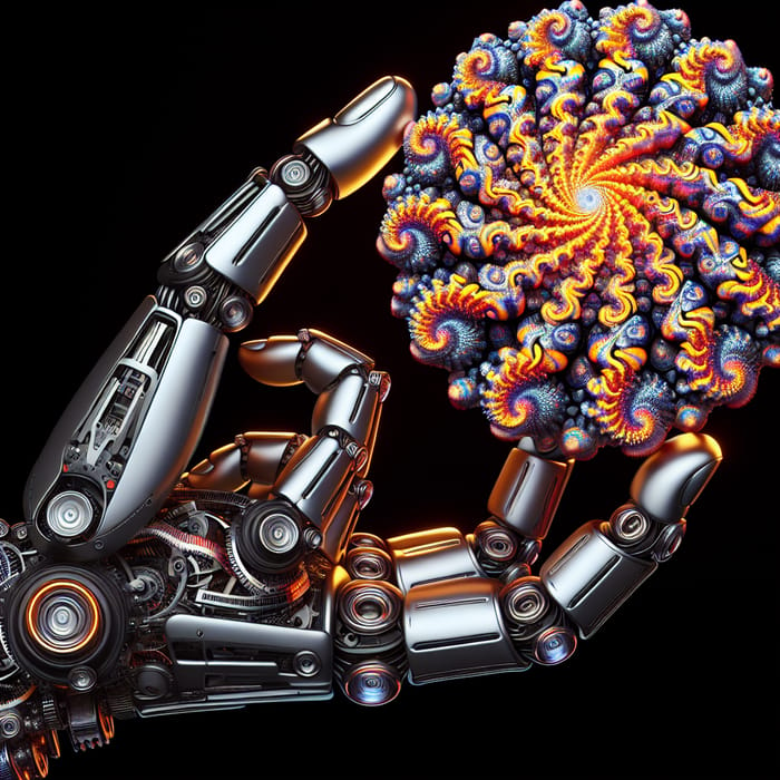 Sleek Semi-Robotic Hand Grasping Vibrant Fractal Object