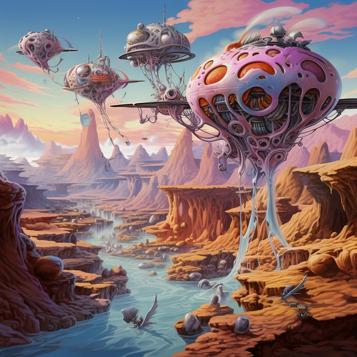 Surreal Flying Machine Above a Dreamlike Landscape