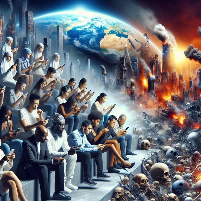 Humans Absorbed in Phones Amidst Global Devastation