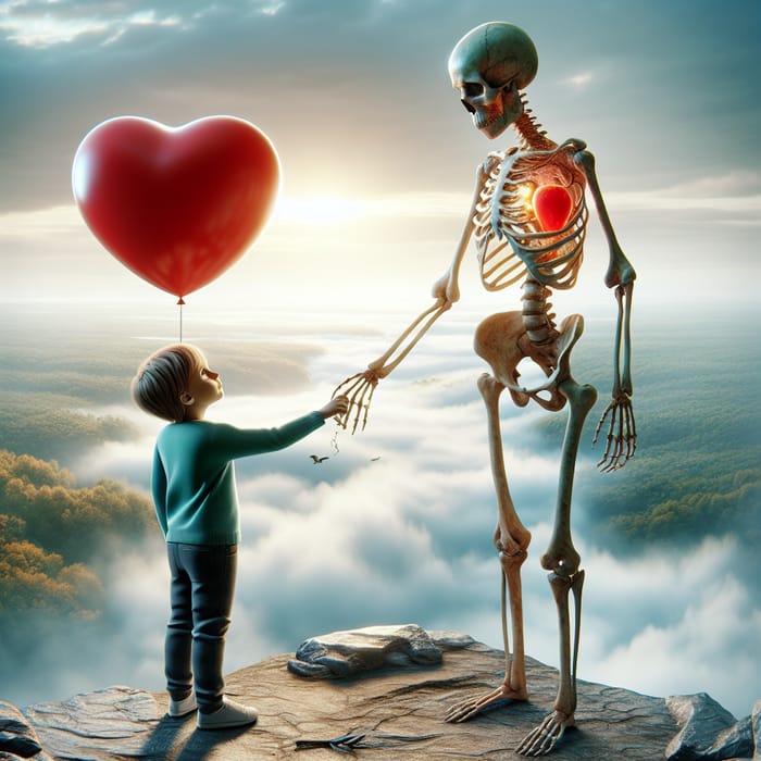 Enduring Bond: Spectral Skeleton and Boy with Red Balloon