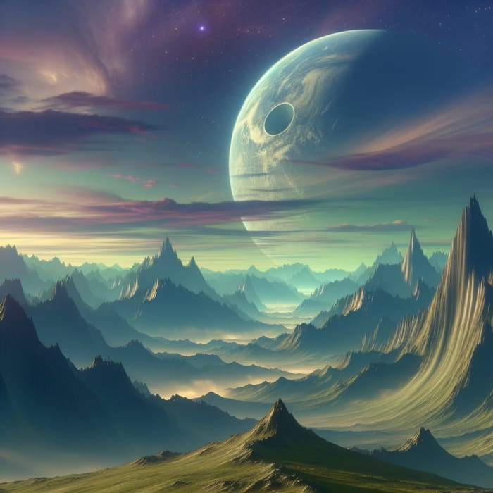 Dreamlike Surreal Mountain Landscape with Massive Planet and Metallic Object