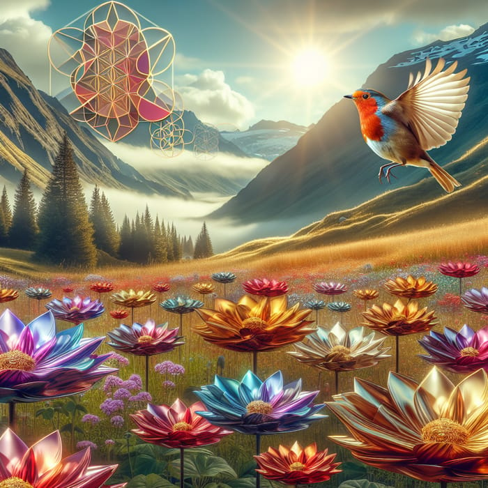 Shiny Metallic Flowers in Enchanting Mountain Landscape