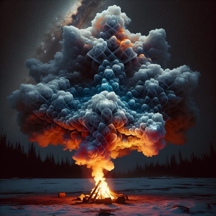 Vivid Geometric Fractal Smoke Art Over Campfire | Night Sky