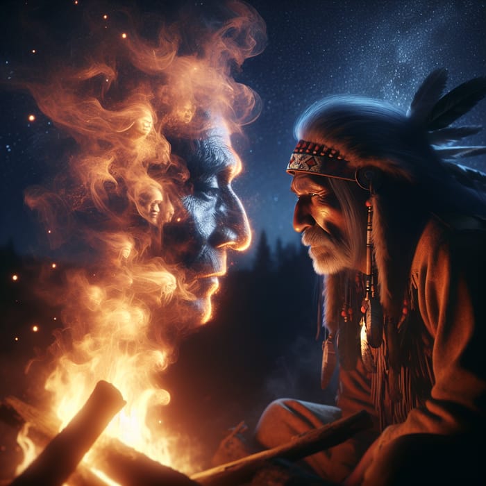 Poignant Tribute: Shaman by Campfire with Warrior Spirits