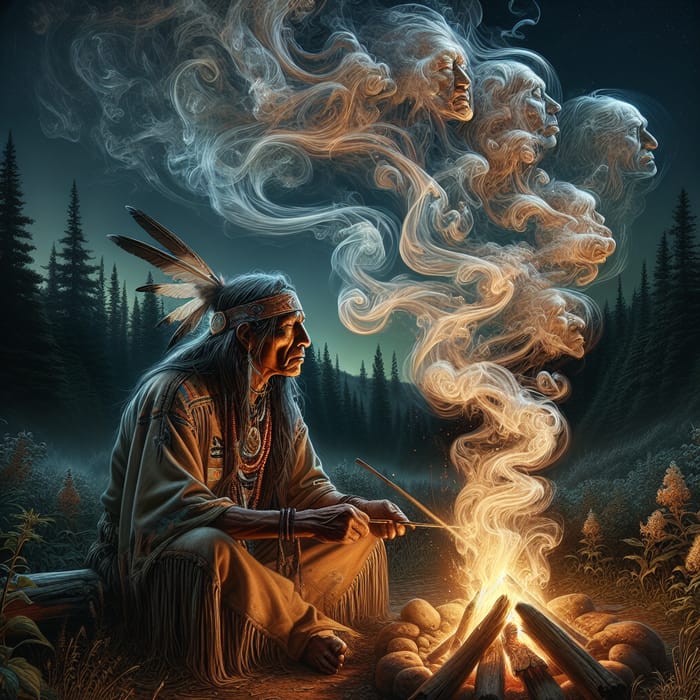 Indigenous American Shaman Contemplating Campfire | Ancestral Vision