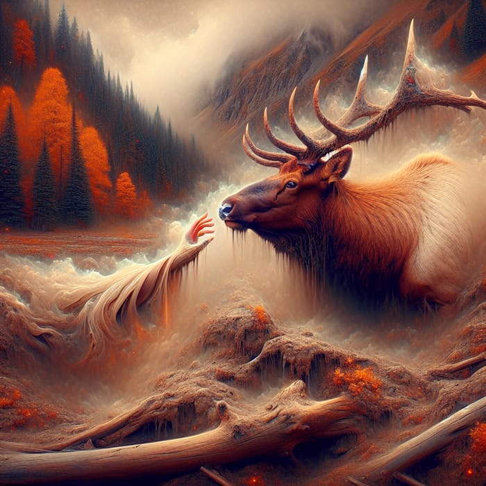 Ethereal Mountain Spirit Rescues Majestic Elk in Autumn Mud Pit