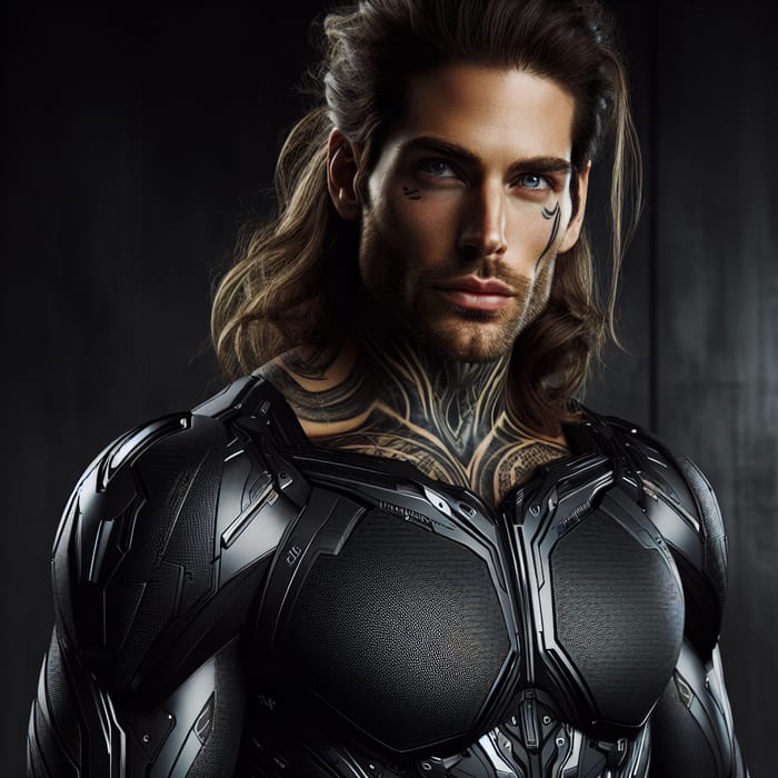 Handsome Caucasian Man with Striking Long Hair, Blue Eyes & Alien Warrior Armor