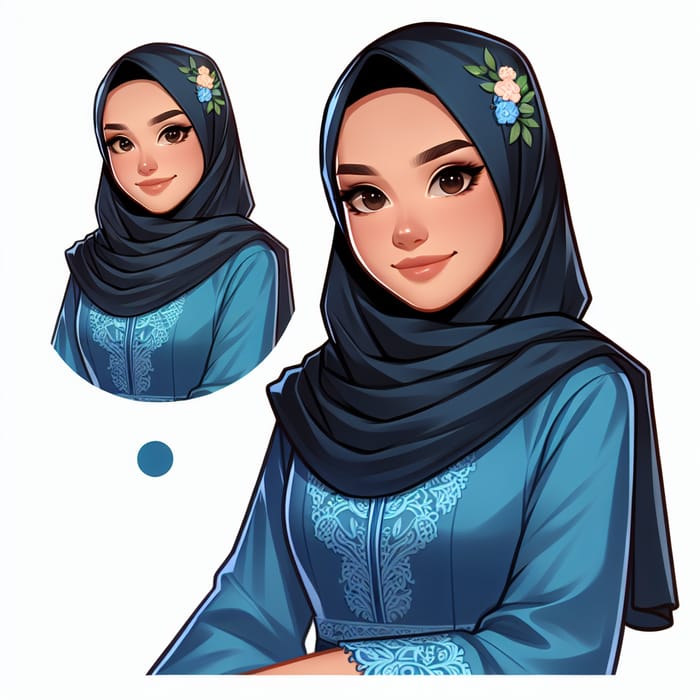 Malay Student in Blue Baju Kebaya and Black Hijab Portrait