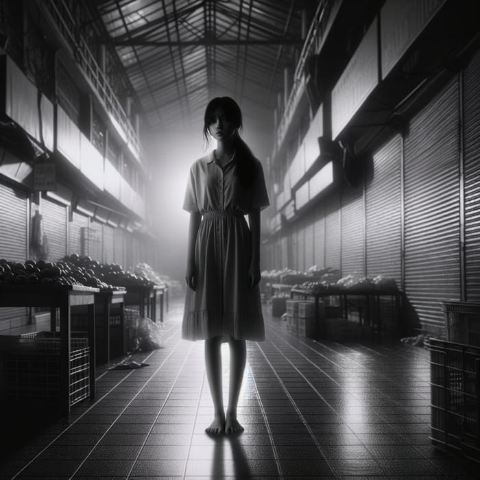 Midnight Eerie Scene: South Asian Girl in Desolate Shop