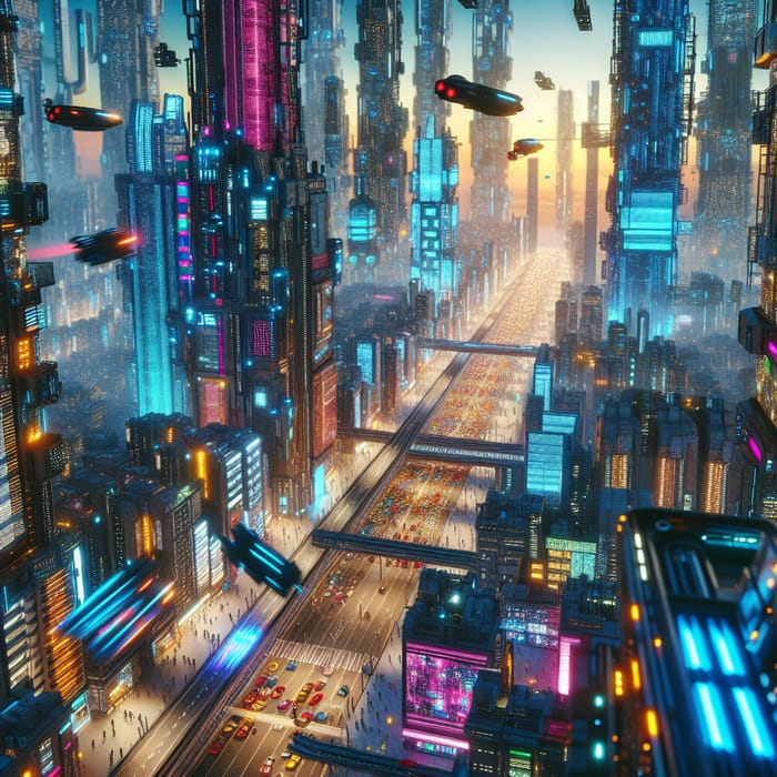 Futuristic Cyberpunk Cityscape: Vibrant Neon Lights & Flying Cars