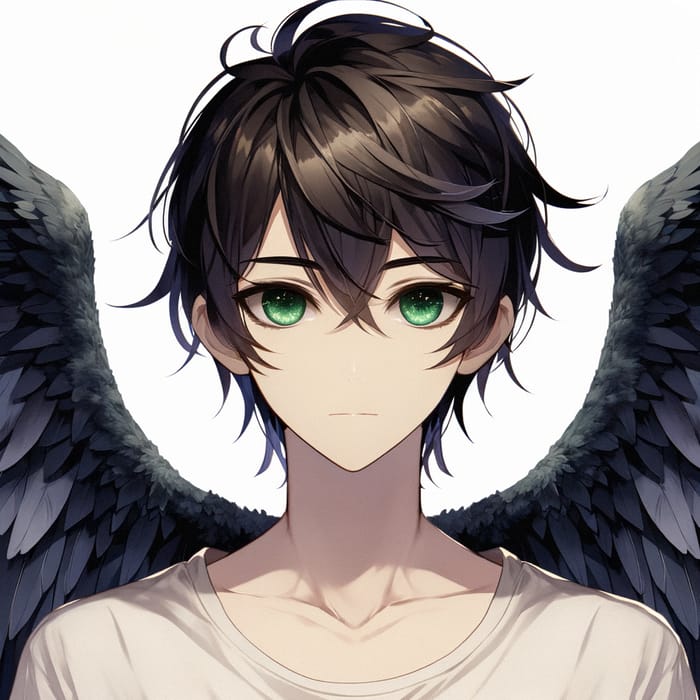 Anime Character with Enchanting Green Eyes & Dark Angel Wings